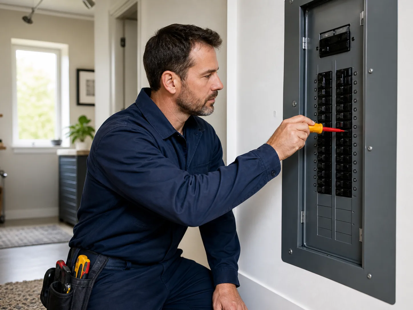 Residential electrician inspecting a modern breaker panel