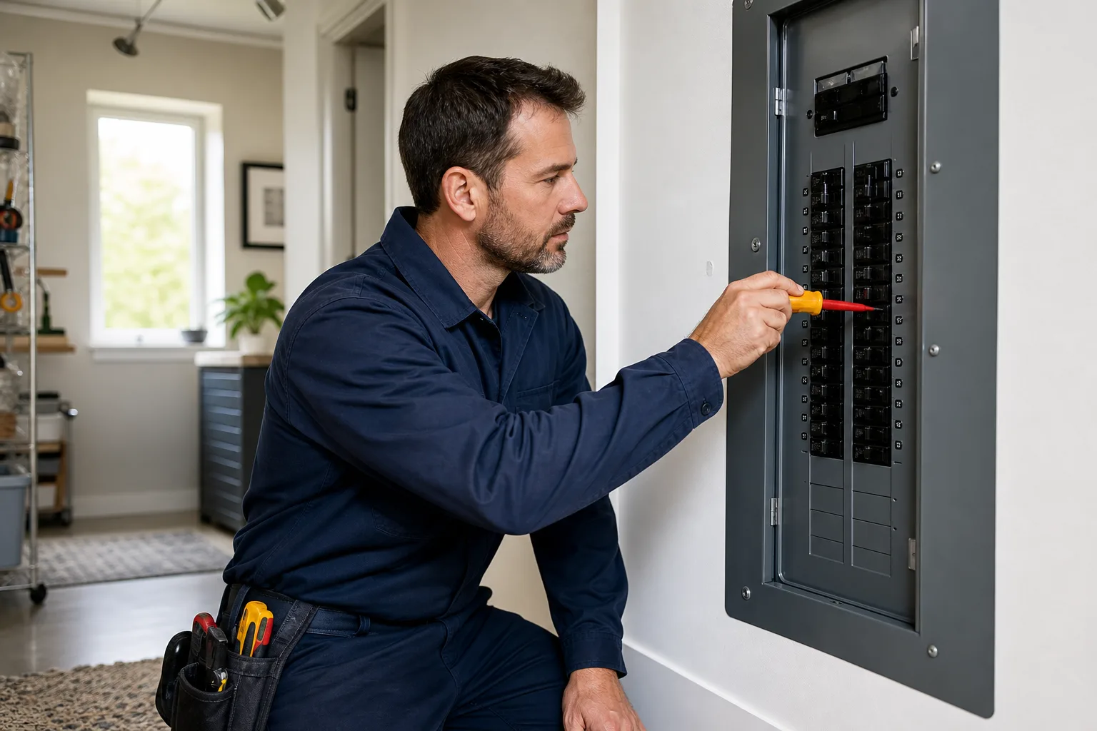 Residential electrician inspecting a modern breaker panel